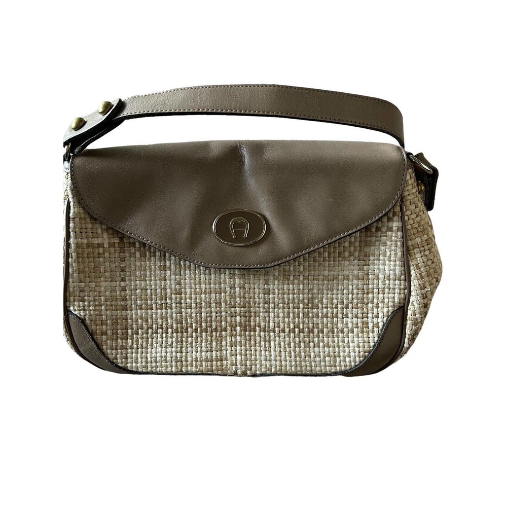 Etienne Aigner‎ Vintage Woven Rafia & Leather Trim Taupe Shoulder Bag Purse Gold
